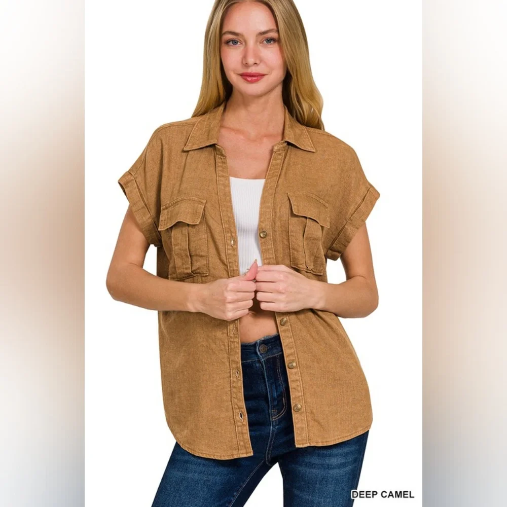 NWT - Linen Blend Acid Washed Button-Down Batwing Sleeve Deep Camel Shirt